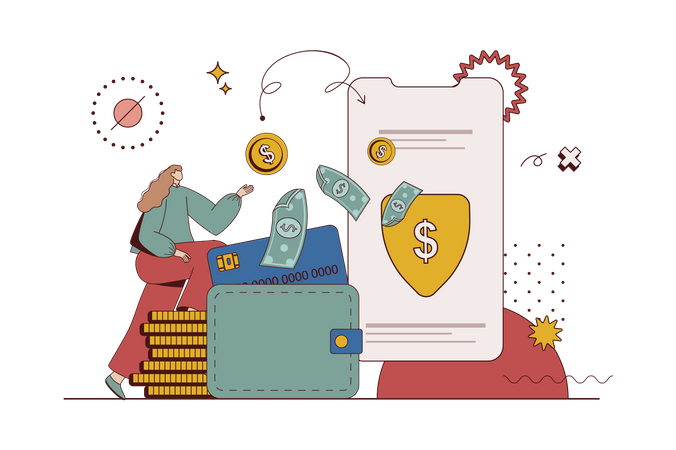 Une femme effectue des transactions financières et gère son compte et son portefeuille numérique dans l'application  Illustration
