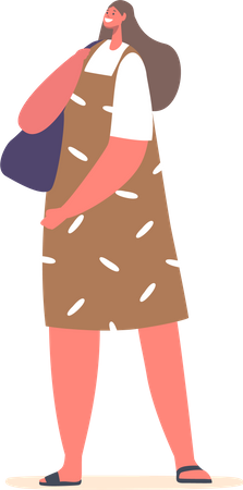 Femme élégante dans une robe d'été porte un sac à main chic  Illustration