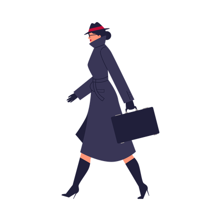Femme élégante marchant en manteau sombre et chapeau avec une mallette  Illustration