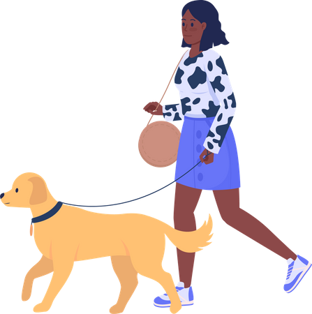 Femme élégante promenant son chien dans la rue  Illustration