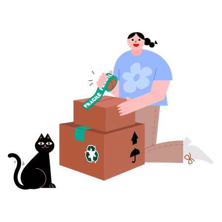 Femme emballant des boîtes avec un chat noir  Illustration