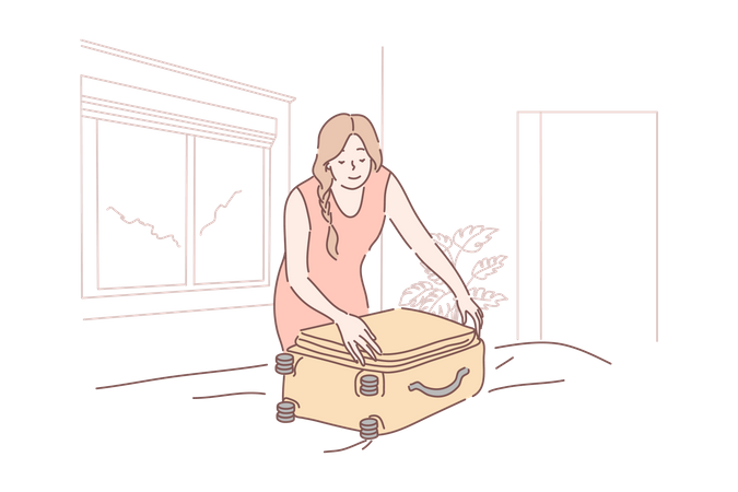 Femme, emballage, valise  Illustration