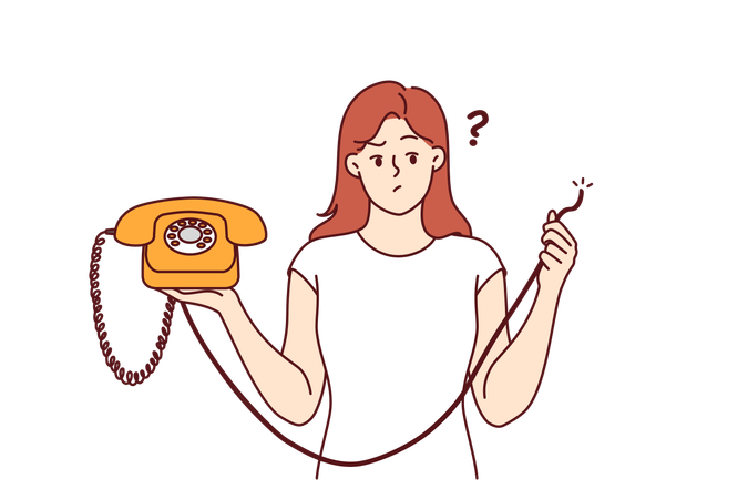 Femme embarrassée tenant un téléphone rétro avec un fil déchiré et se demande comment restaurer la téléphonie  Illustration