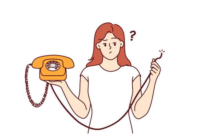 Femme embarrassée tenant un téléphone rétro avec un fil déchiré et se demande comment restaurer la téléphonie  Illustration