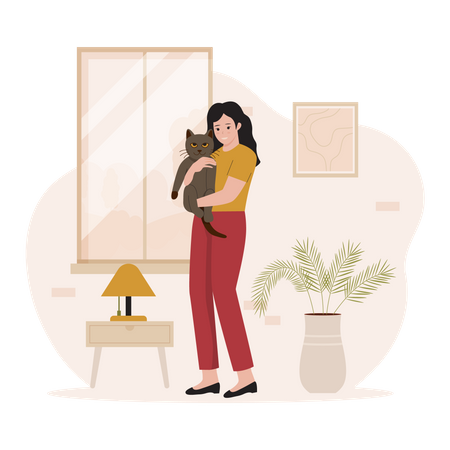 Femme étreignant un chat  Illustration