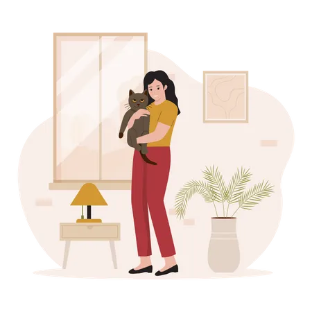 Femme étreignant un chat  Illustration