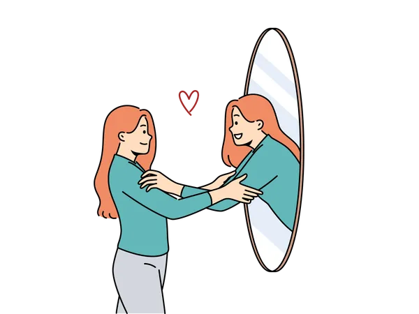 Une femme embrasse son propre reflet dans un miroir, démontrant son narcissisme et sa haute estime de soi  Illustration