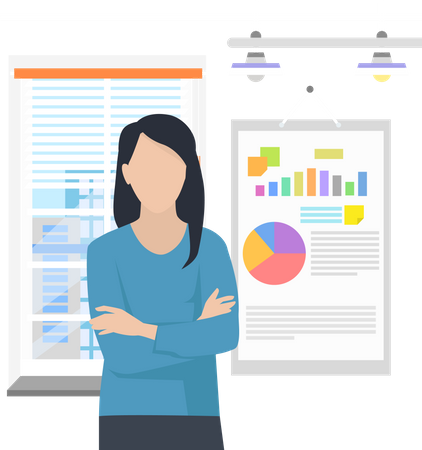 Une employée de bureau analyse les indicateurs présentés avec des graphiques  Illustration