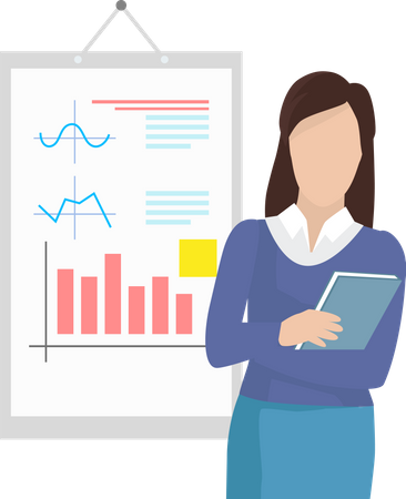 Une employée de bureau analyse les indicateurs présentés avec des graphiques  Illustration