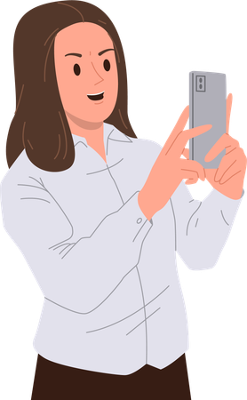 Une femme de bureau heureuse et souriante prenant un selfie avec un appareil photo mobile  Illustration