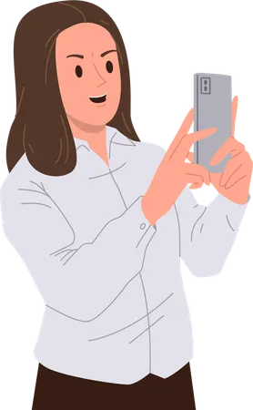 Une femme de bureau heureuse et souriante prenant un selfie avec un appareil photo mobile  Illustration