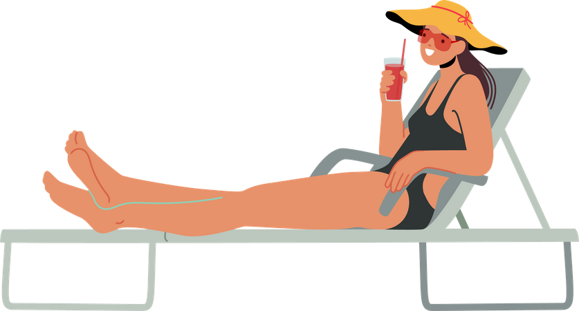 Femme en bikini assise sur une chaise longue et buvant un cocktail  Illustration