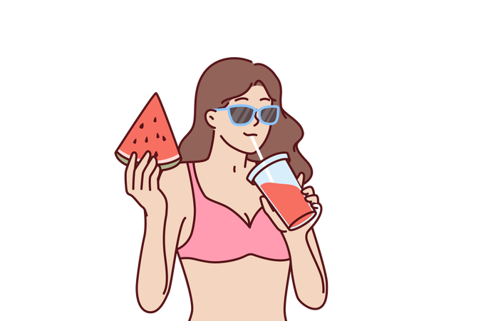 Une femme en bikini boit un smoothie aux fruits et mange de la pastèque  Illustration