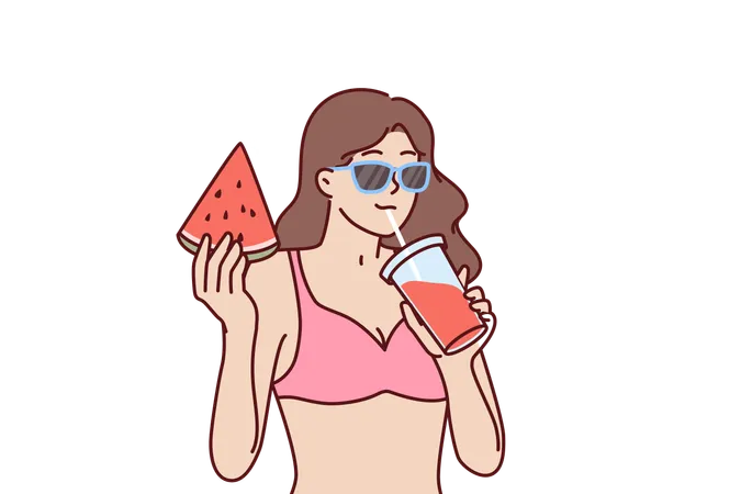 Une femme en bikini boit un smoothie aux fruits et mange de la pastèque  Illustration