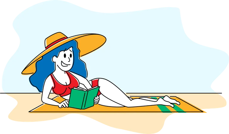Femme en bikini et chapeau tropical allongé sur la plage de sable Lire un livre intéressant  Illustration