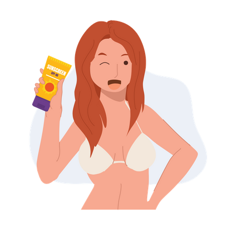 Femme en bikini montrant un produit de protection solaire  Illustration