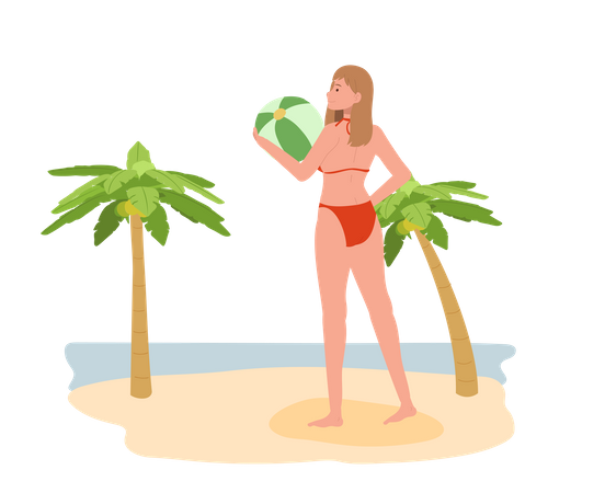 Femme en bikini tenant un ballon de plage sur la plage  Illustration