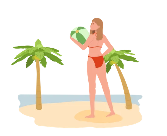 Femme en bikini tenant un ballon de plage sur la plage  Illustration