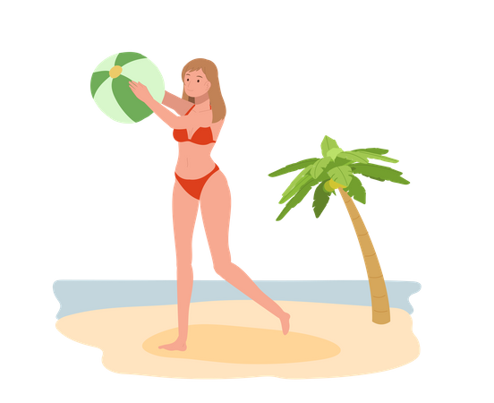 Femme en bikini tenant un ballon de plage sur la plage  Illustration