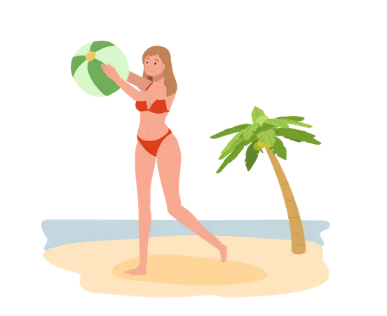 Femme en bikini tenant un ballon de plage sur la plage  Illustration