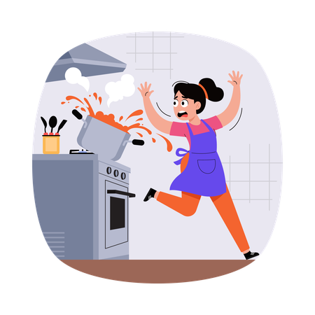 Une femme en plein chaos pendant la cuisson  Illustration