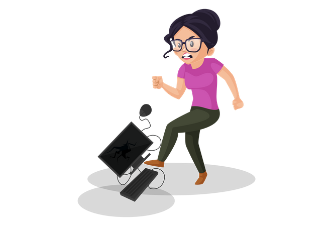 Femme en colère donnant des coups de pied à l'ordinateur  Illustration