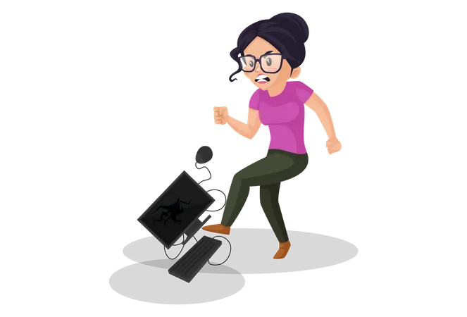 Femme en colère donnant des coups de pied à l'ordinateur  Illustration