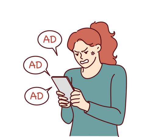 Femme en colère regardant la publicité sur mobile  Illustration