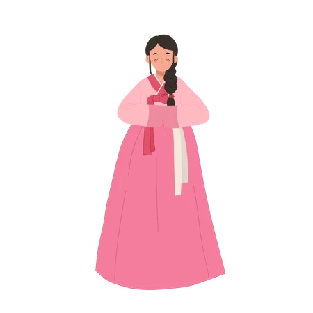 Femme en hanbok coréen saluant les gens  Illustration