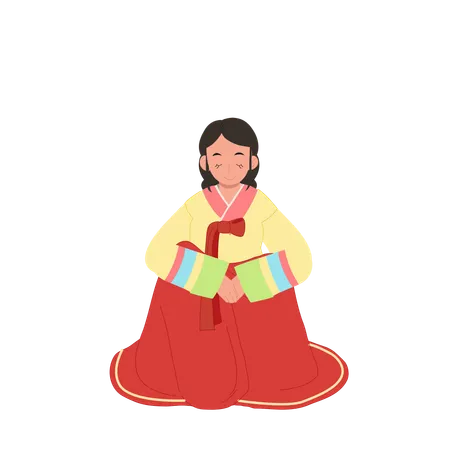 Femme en hanbok coréen saluant les gens  Illustration