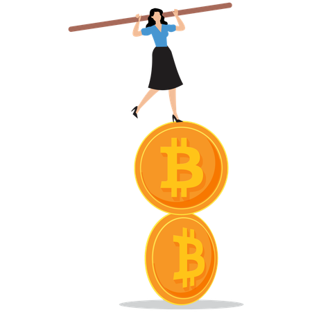 Femme en équilibre sur un bitcoin  Illustration