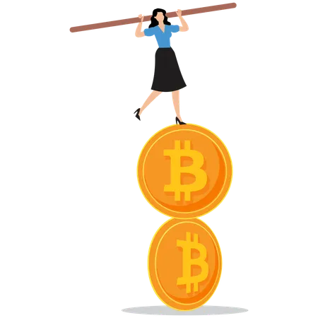 Femme en équilibre sur un bitcoin  Illustration