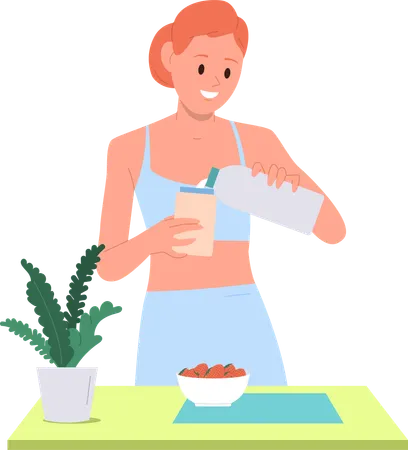 Femme en forme mangeant un cocktail protéiné naturel à la fraise et au lait au petit-déjeuner  Illustration