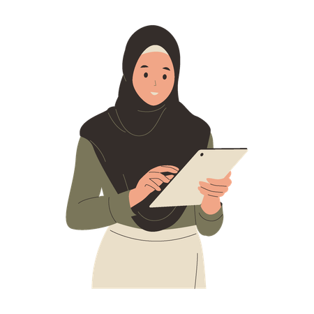 Femme en hijab travaillant avec une tablette  Illustration