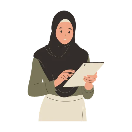 Femme en hijab travaillant avec une tablette  Illustration