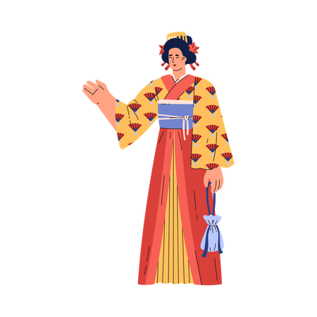 Femme vêtue d'un kimono avec un éventail  Illustration