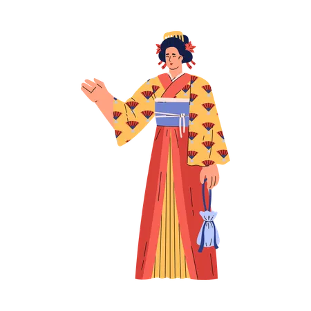 Femme vêtue d'un kimono avec un éventail  Illustration
