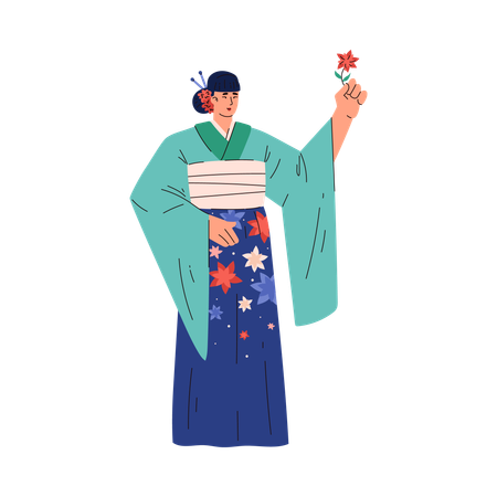 Femme en kimono japonais tenant une fleur  Illustration