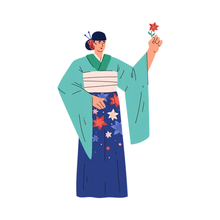 Femme en kimono japonais tenant une fleur  Illustration