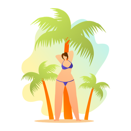 Femme en maillot de bain dansant et posant sur la plage près des palmiers  Illustration