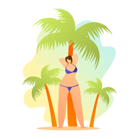 Femme en maillot de bain dansant et posant sur la plage près des palmiers  Illustration