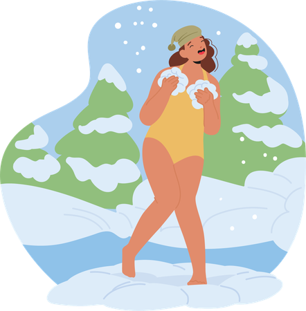 Femme en maillot de bain debout dans un paysage d'hiver enneigé  Illustration