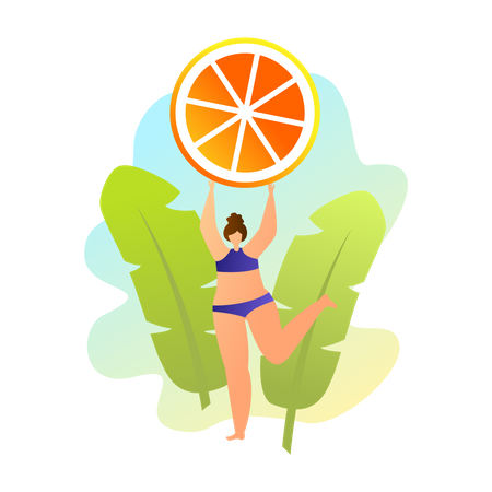 Femme en maillot de bain posant avec orange sur fond de feuilles vertes  Illustration