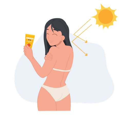 Femme en maillot de bain utilisant de la crème solaire  Illustration