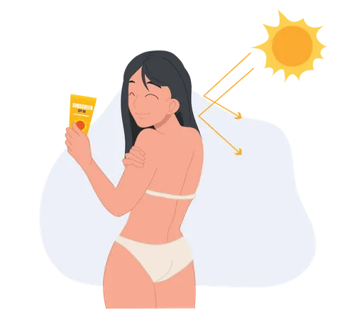 Femme en maillot de bain utilisant de la crème solaire  Illustration