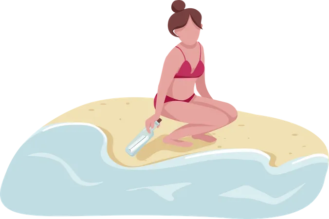 Femme en maillot de bain choisissant un message en bouteille  Illustration