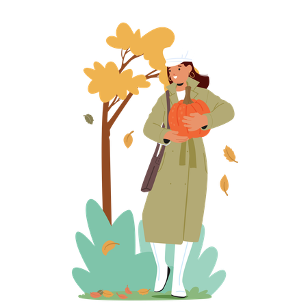 Femme en manteau et bottes blanches tenant une citrouille dans un parc en automne  Illustration