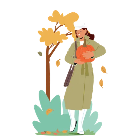 Femme en manteau et bottes blanches tenant une citrouille dans un parc en automne  Illustration