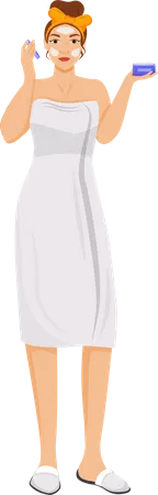 Femme en peignoir appliquant un baume pour le visage  Illustration