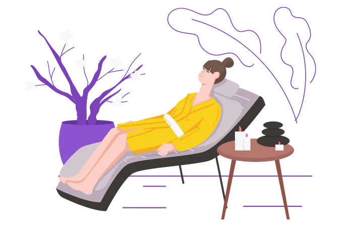 Une femme en peignoir profite de l'aromathérapie en étant allongée sur un canapé  Illustration